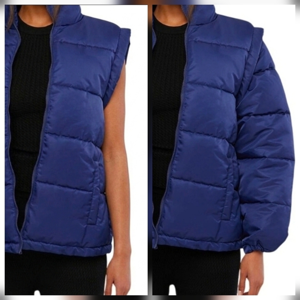 WeWoreWhat Zip-Off Sleeve Puffer Vest Navy Jacket Women's Size Medium